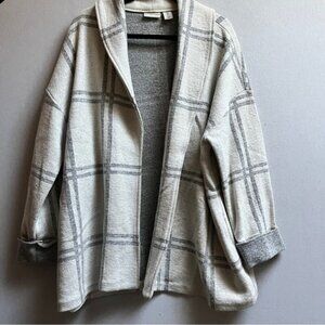 Adrienne Vittadini Wool Blend Cream & Grey Plaid Sweater Jacket Sz L